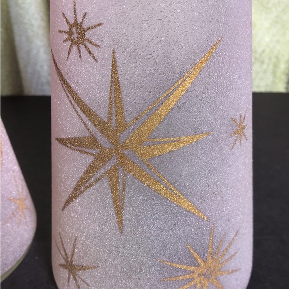 Rare atomic gold stars pink sugar glass vase pair with flared scalloped tops - Picture 2 of 13